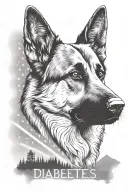German shepherd American flag saying "diabetes" mountain scene tattoo design idea