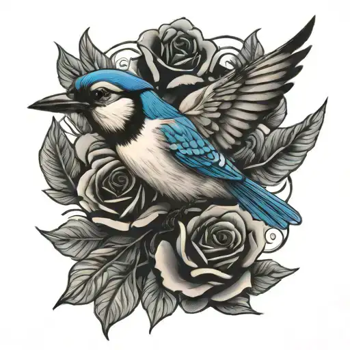 flying blue jay rose tattoo design idea