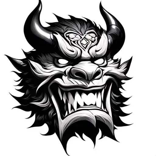 Detailed black and grey oni mask. Dark aggressive look but still artistic with bold constrast and smooth shading. tattoo design idea