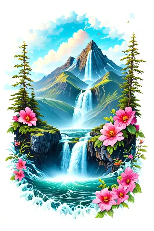 mountain with waterfall becoming ocean below. flowers along the sides tattoo design idea