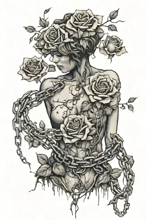 Silhouette of a girl with short hair, bare chest, roots growing out of chains, roses, decaying flesh tattoo design idea