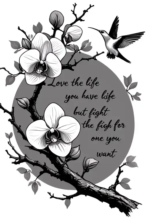 orchids on a tree branch with humming birds with words saying   "love the life you have but fight for the one you want"  tattoo design idea