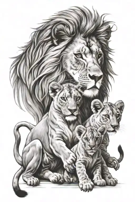 lion, lionesses and lion cub playing tattoo design idea