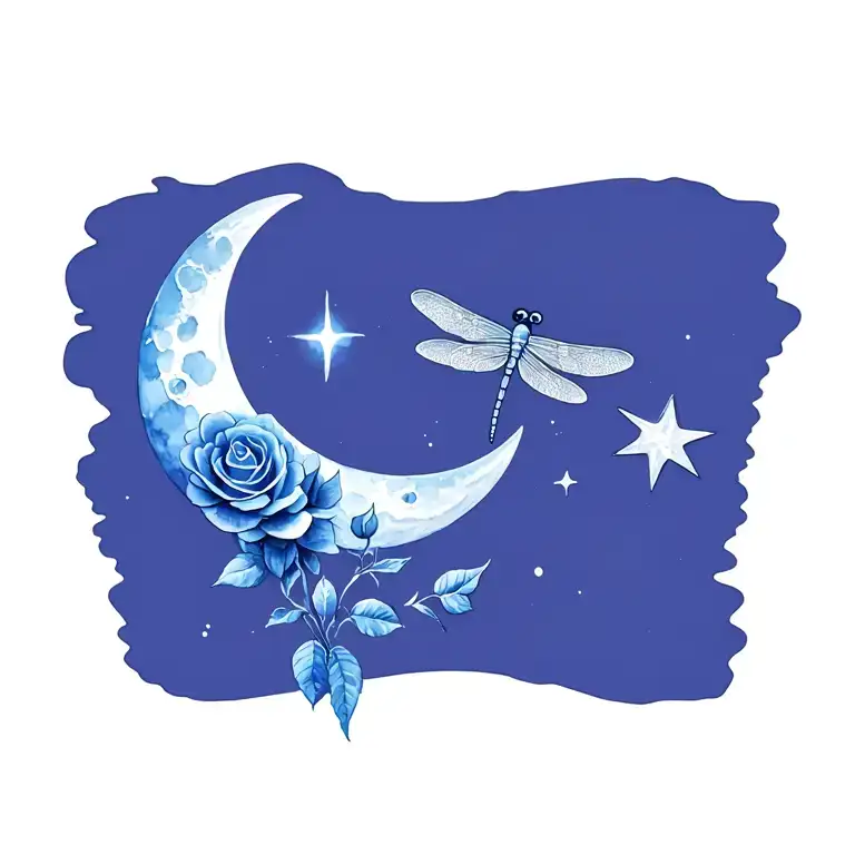 Moon, rose, star, dragonfly 3d blue tattoo design idea
