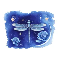 Moon, rose, star, dragonfly 3d blue tattoo design idea