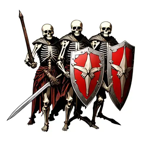 pack of skeleton crusaders holding swords and shields. tattoo design idea