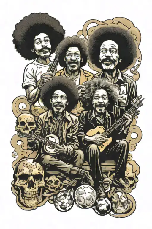 jesus, jimi hendrix, and einstein holding helium and hydrogen tattoo design idea