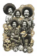 jesus, jimi hendrix, and einstein holding helium and hydrogen tattoo design idea