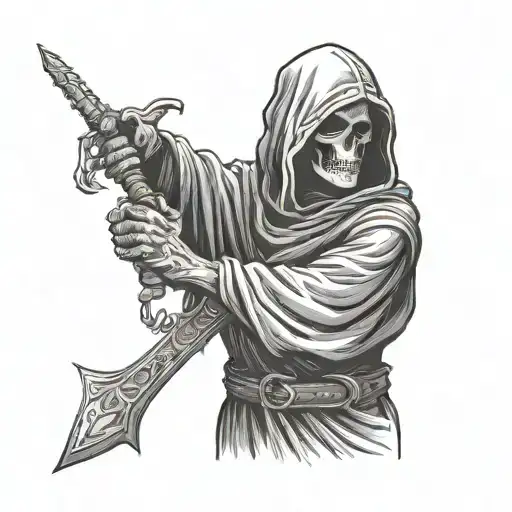 Grim reaper stabbing a sword through a nunes head and the bible she is holding tattoo design idea