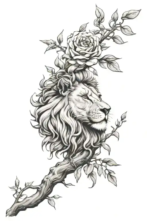 lion. olive tree branch. rose intertwined tattoo design idea