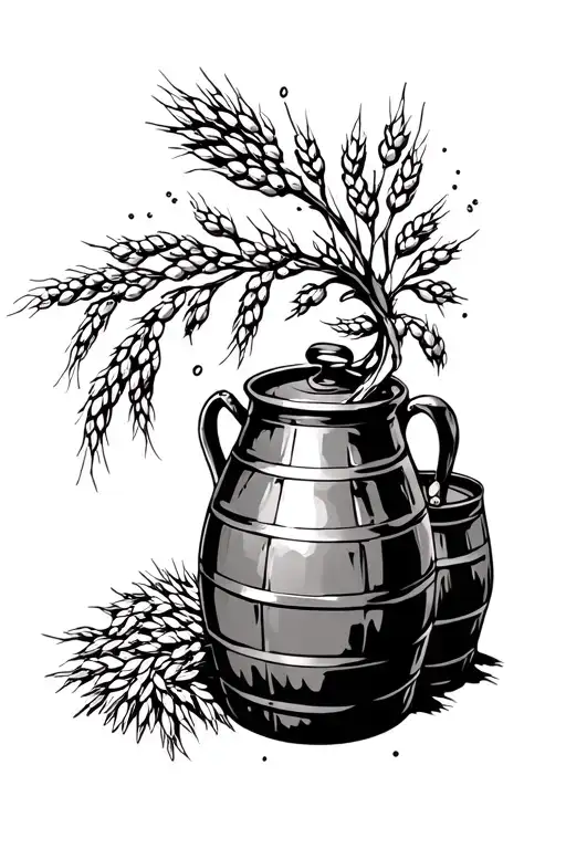 hop vines going over a copper brew kettle with wheat and bourbon barrels tattoo design idea