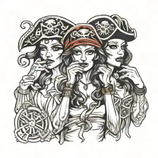 Super Real Sexig Pirate Woman Standing Posing   Hear No Evil    See No Evil   Speak No Evil tattoo design idea