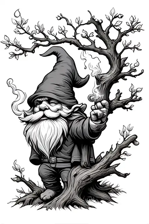 Gnome smokes magical stuff through a tree branch that shows him knowledge of the earth and he becomes one of the trees  tattoo design idea