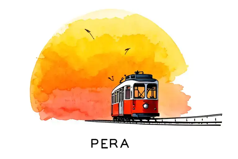cute little empty red tram heading away from the sunset. destinaot up front reads "PERA" tattoo design idea