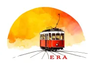 cute little empty red tram heading away from the sunset. destinaot up front reads "PERA" tattoo design idea