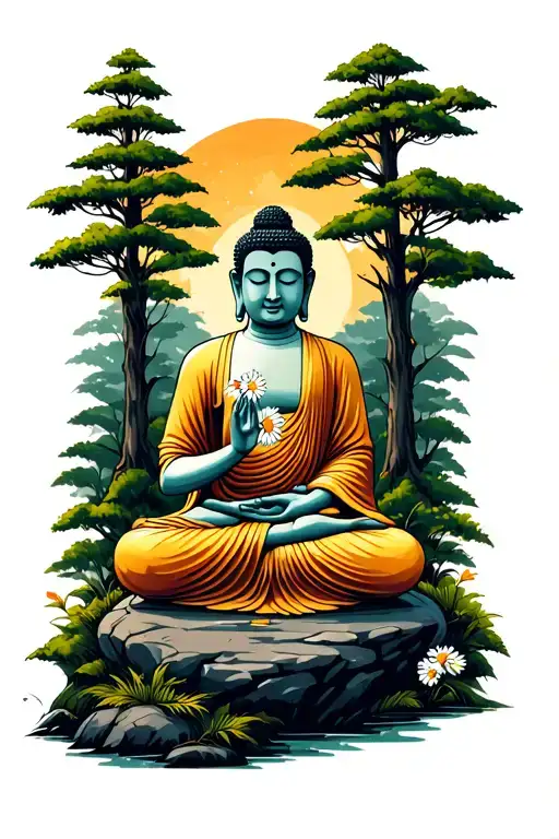 buddha sitting on a rock in meditation holding a daisy, while sitting in a forest tattoo design idea