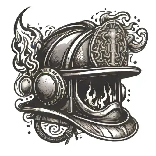 A dynamic composition of a firefighter's helmet surrounded by flames, with subtle elements representing being a dad like a child's handprint or a toy tattoo design idea