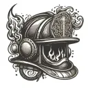 A dynamic composition of a firefighter's helmet surrounded by flames, with subtle elements representing being a dad like a child's handprint or a toy tattoo design idea