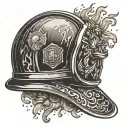 A dynamic composition of a firefighter's helmet surrounded by flames, with subtle elements representing being a dad like a child's handprint or a toy tattoo design idea