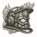 A dynamic composition of a firefighter's helmet surrounded by flames, with subtle elements representing being a dad like a child's handprint or a toy tattoo design idea