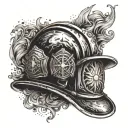 A dynamic composition of a firefighter's helmet surrounded by flames, with subtle elements representing being a dad like a child's handprint or a toy tattoo design idea