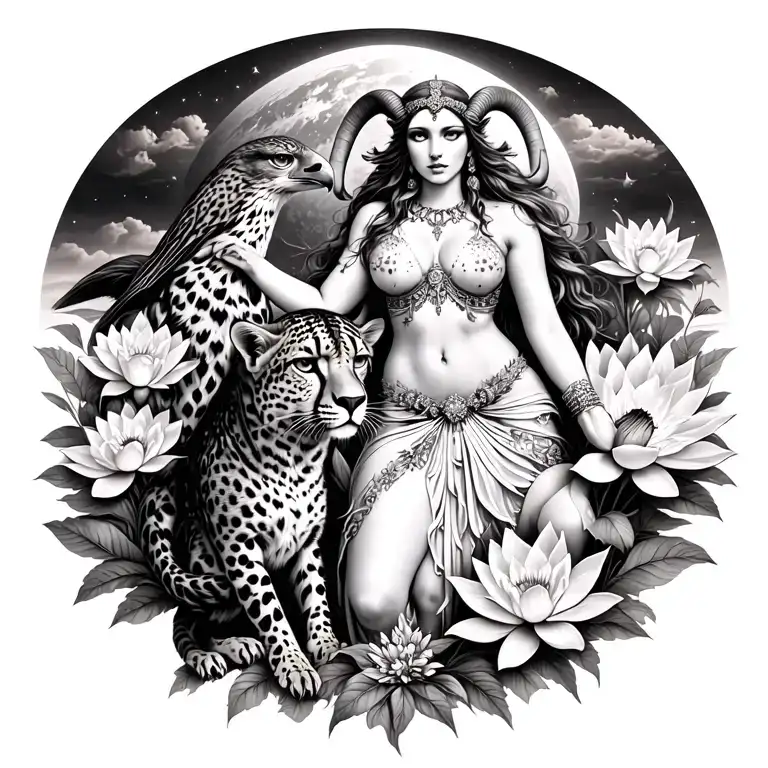sexy aries goddess surrounded by poeny and lotus flowers growing with a cheetah and a hawk with mars in the background  tattoo design idea