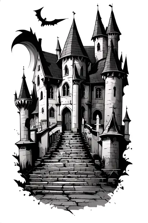 goth castle,  cemetery tattoo design idea