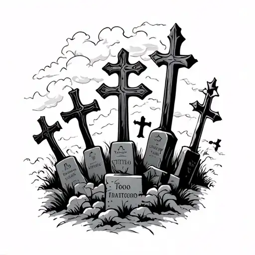 crosses and clouds surrounding at a graveyard tattoo design idea