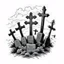 crosses and clouds surrounding at a graveyard tattoo design idea