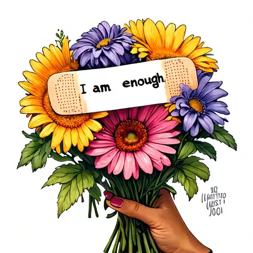 bouquet of flowers held together by a bandaid. on the bandaid it says "I am enough" tattoo design idea