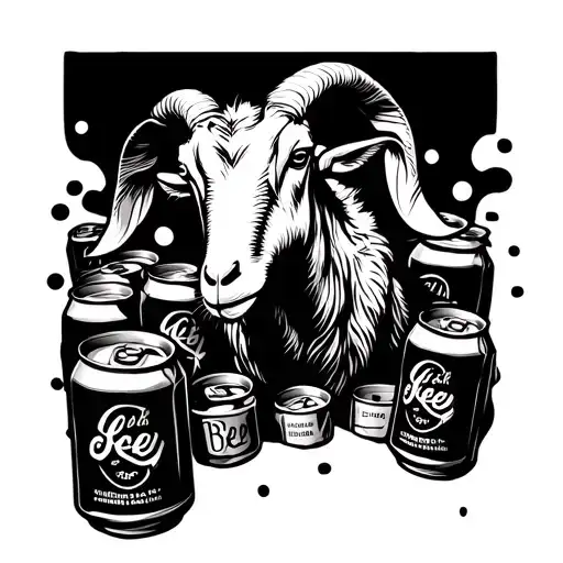 Thin line goat stiletto with empty beer cans surrounding him no shading or details tattoo design idea