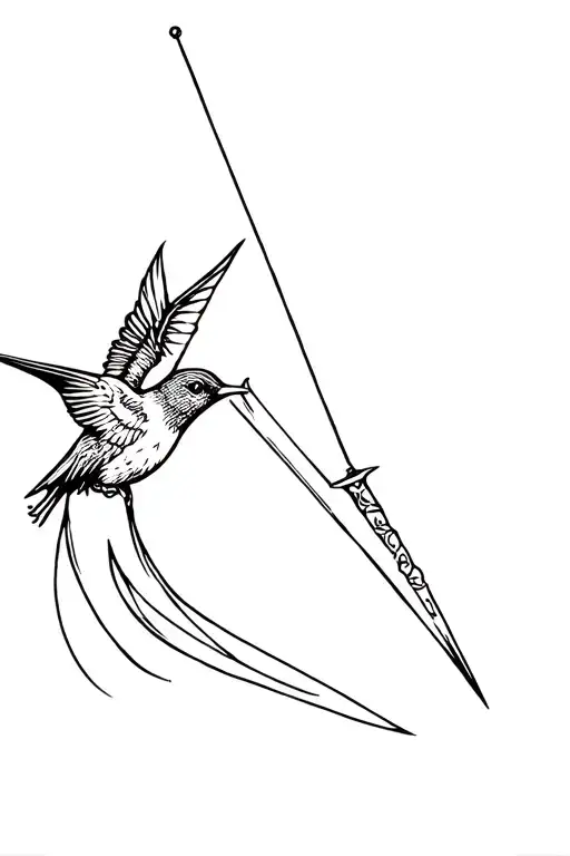 Humming bird carrying the sword of Damocles by a string tattoo design idea