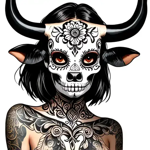 woman body bull with sugar skull markings, brown eyes, shorter hair and two Libra scales with extra dark background tattoo design idea