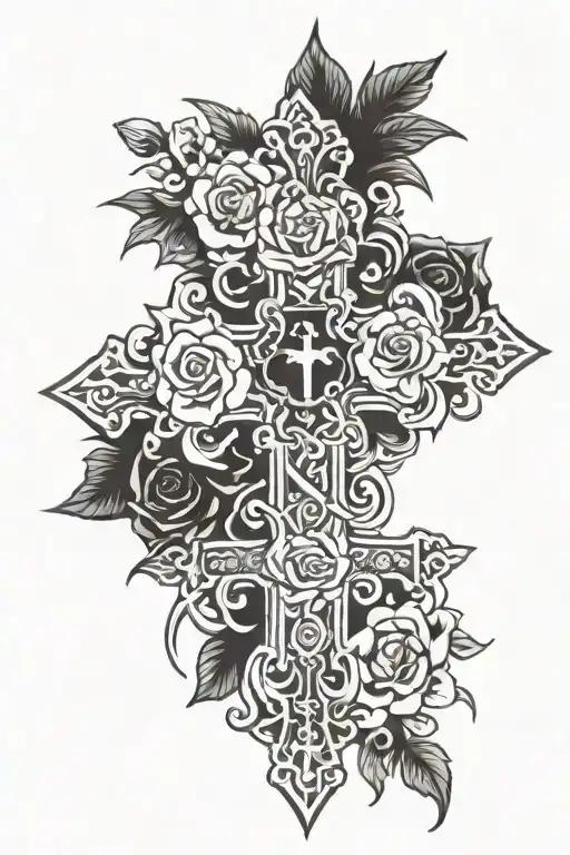 chrome hearts cross with slight roses and crown of thorns tattoo design idea