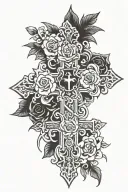chrome hearts cross with slight roses and crown of thorns tattoo design idea