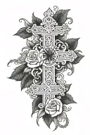 chrome hearts cross with slight roses and crown of thorns tattoo design idea