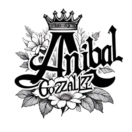 "Anibal Gonzalez" partners name with crown near the A and flower in Cursive / Gothic text in same font tattoo design idea