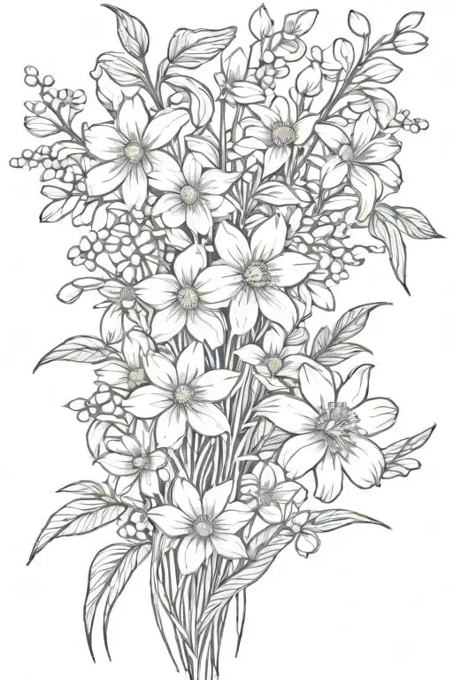 daisies and daffodils with cherry blossoms, snow drops, violets, greenery stems bouquet  tattoo design idea