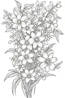 daisies and daffodils with cherry blossoms, snow drops, violets, greenery stems bouquet  tattoo design idea