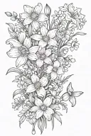 daisies and daffodils with cherry blossoms, snow drops, violets, greenery stems bouquet  tattoo design idea