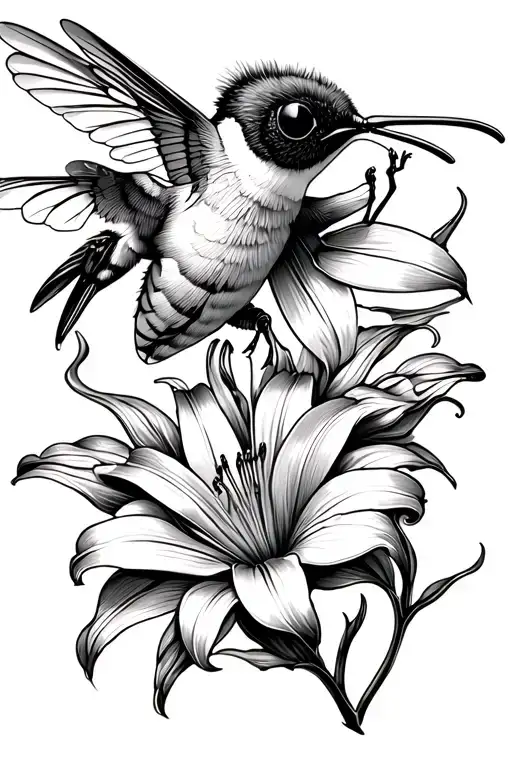 lily flower bumble bee hummingbird flying tattoo design idea