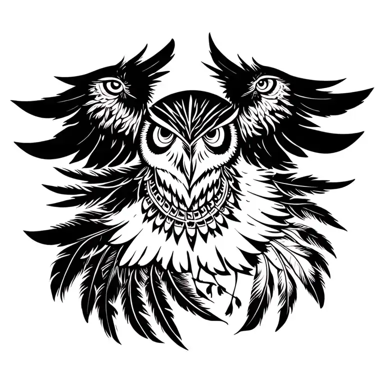 japanese and native american spiritual symbol merging with raven and owl feathers. no faces  tattoo design idea