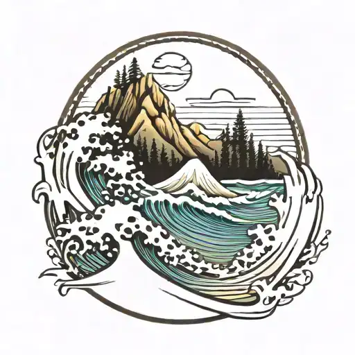 mountain range with trees and surf  tattoo design idea