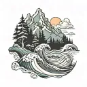 mountain range with trees and surf  tattoo design idea