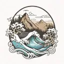 mountain range with trees and surf  tattoo design idea