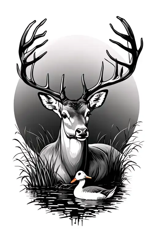deer and ducks with grass in the Mississippi outline tattoo design idea