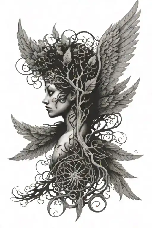 Valkyrie wings with tree of life intertwined tattoo design idea