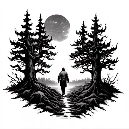 psalm 23, person and God walking through the middle of the valley, evil all around, evil popping out of trees tattoo design idea