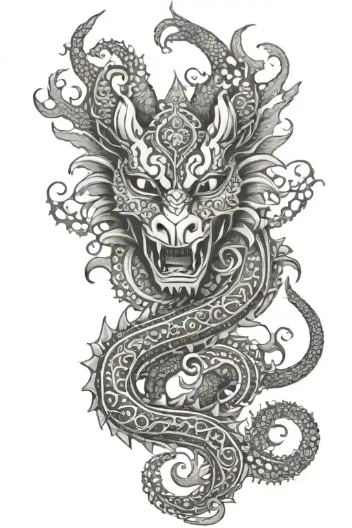 henna mask and dragon intertwined tattoo design idea