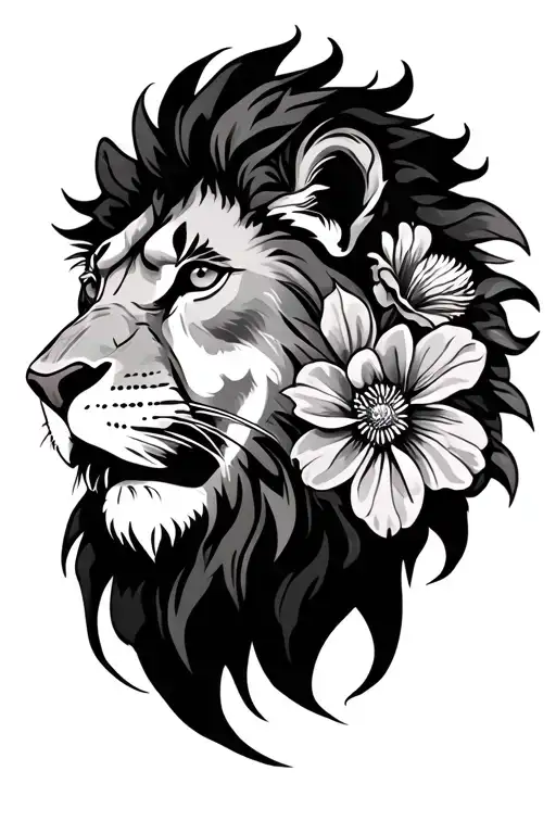 Lion face and flowers tattoo design idea